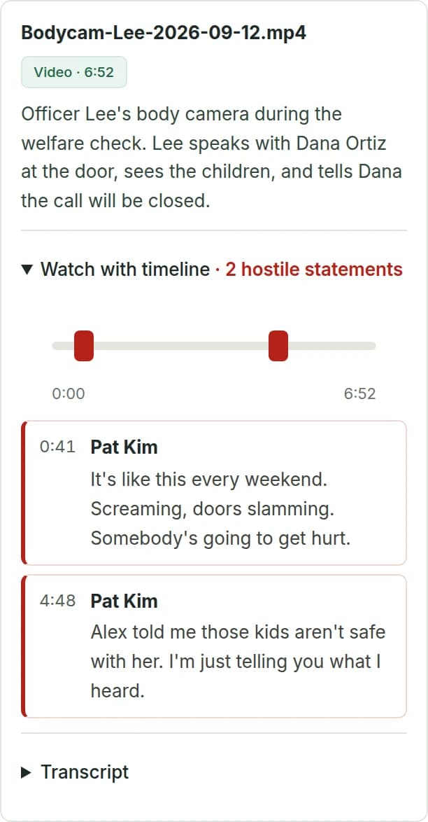 A body camera video in discovery with a timeline marking two hostile statements, each listed with its time, speaker and quote
