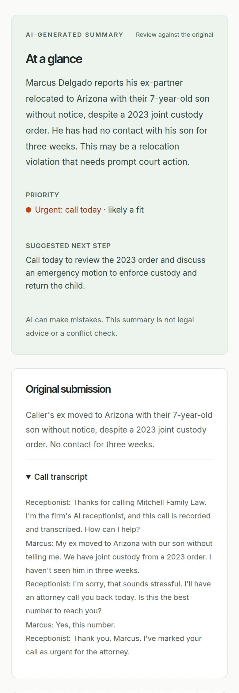 A lead from an AI receptionist call: the AI summary, an urgent priority, the suggested next step, and the call transcript, which opens with the receptionist saying it is an AI and that the call is recorded and transcribed